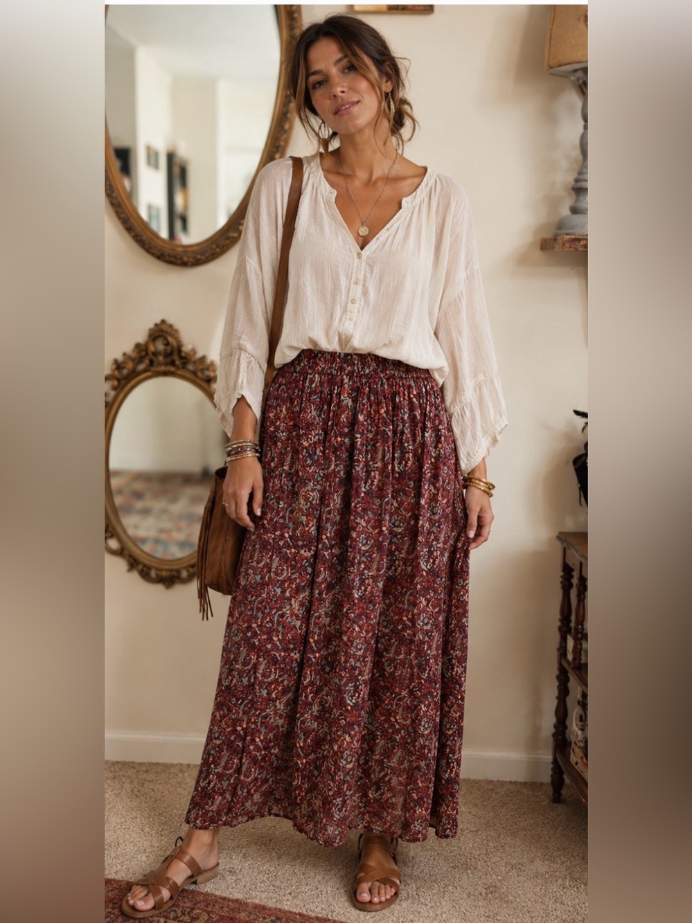 Carole Little Burgundy Print Maxi Skirt. Size 6